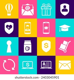 Set Envelope with Valentine heart, Hand truck and boxes, Graduation cap, Gift, Smartphone contact and Shield rate icon. Vector