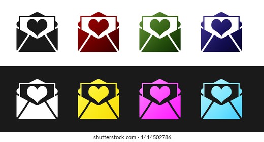 Set Envelope with Valentine heart icon isolated on black and white background. Letter love and romance. Vector Illustration