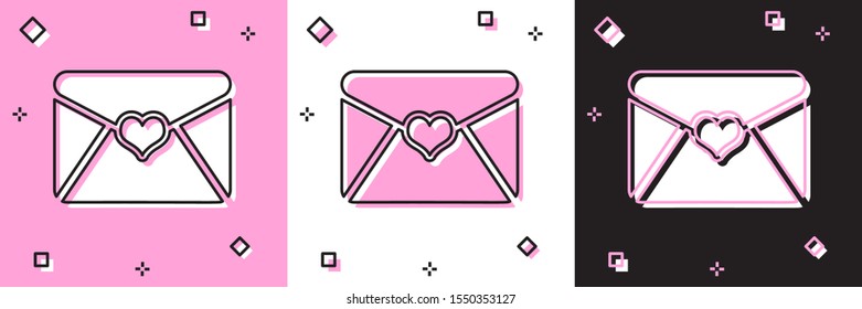 Set Envelope with Valentine heart icon isolated on pink and white, black background. Letter love and romance.  Vector Illustration