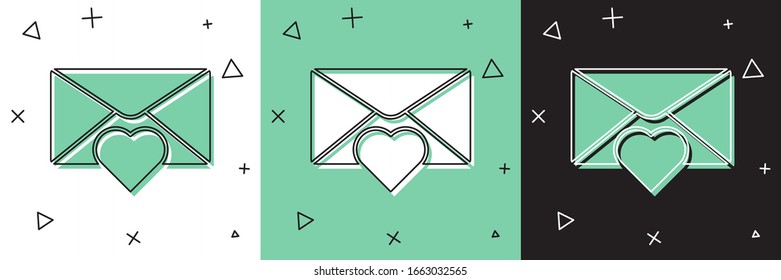 Set Envelope with Valentine heart icon isolated on white and green, black background. Message love. Letter love and romance.  Vector Illustration