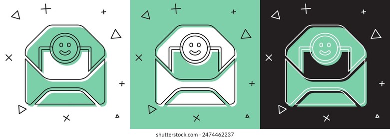 Conjunto sobre con el icono del corazón de San Valentín aislado en blanco y verde, fondo negro. Mensaje de amor. Carta de amor y romance.  Vector