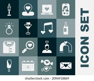 Set Envelope with Valentine heart, Love magnet, Wine bottle, Dating app online, Martini glass, Diamond engagement ring, Burning candle and Music note, tone hearts icon. Vector