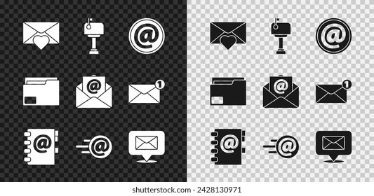 Establecer sobre con corazón de San Valentín, buzón y correo electrónico, libreta de direcciones, sobre de burbujas de voz, carpeta de documentos e icono. Vector