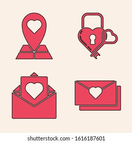 Set Envelope with Valentine heart, Map pointer with heart, Castle in the shape of a heart and key and Envelope with Valentine heart icon. Vector