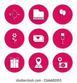 Set Envelope with Valentine heart, Map pointer, Photo camera, Glass of champagne, Gift box, Flower, Balloons ribbon and Bow and arrow icon. Vector