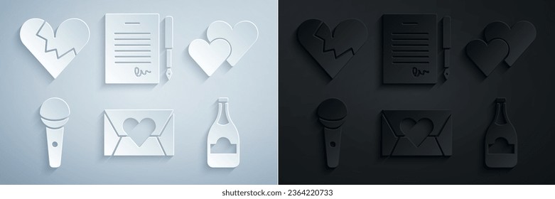 Set Envelope with Valentine heart, Heart, Microphone, Champagne bottle, Marriage contract and Broken or divorce icon. Vector