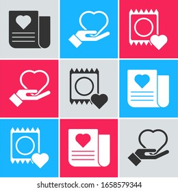 Set Envelope mit Valentinherz, Heart on hand und Condom in Paket Symbol. Vektorillustration