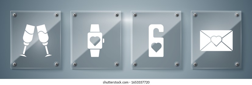 Set Envelope with Valentine heart, Please do not disturb with heart, Heart in the center wrist watch and Glass of champagne. Square glass panels. Vector