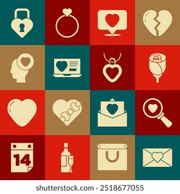 Set Envelope with Valentine heart, Search and love, Flower rose, Like, Dating app online, Head, Castle the shape of and Necklace shaped icon. Vector