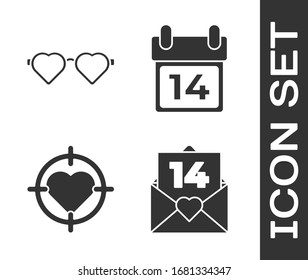 Envolvente con corazón de San Valentín, lentes de amor en forma de corazón, Corazón en el centro del objetivo de dardos y Calendario con icono del 14 de febrero. Vector