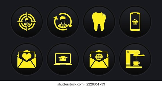 Set Envelope with Valentine heart, Shopping basket on mobile, Graduation cap laptop, Mail and e-mail, Broken tooth and Human resources icon. Vector