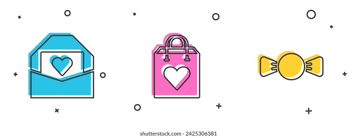 Sobre con corazón de San Valentín, bolso de compras e icono de corbata de lazo. Vector