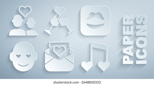 Set Envelope with Valentine heart, Smiling lips, Romantic man, Music note, tone hearts, Glass of champagne and Lover couple icon. Vector