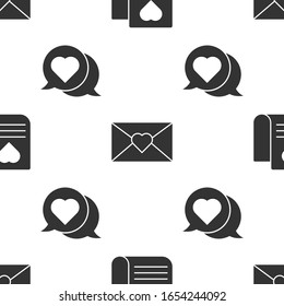 Set Envelope with Valentine heart, Envelope with Valentine heart and Heart in speech bubble on seamless pattern. Vector