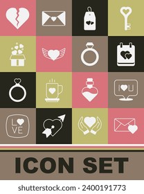 Set Envelope with Valentine heart, Speech bubble text I love you, Calendar, Please do not disturb, Heart wings, Gift box hearts, Broken or divorce and Wedding rings icon. Vector