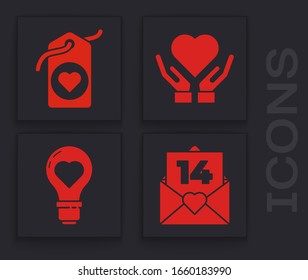 Set Envelope with Valentine heart, Heart tag, Heart on hand and Heart shape in a light bulb icon. Vector