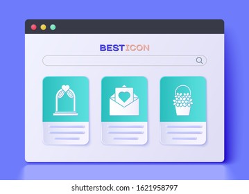 Set Envelope with Valentine heart, Wedding arch and Flowers in a basket icon. Vector