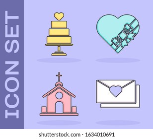 Set Envelope with Valentine heart, Wedding cake with heart, Church building and Candy in heart shaped box and bow icon. Vector
