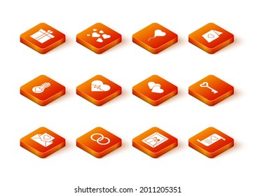 Set Envelope with Valentine heart, Wedding rings, Heart shape light bulb, rate, Picture frame,  and Key icon. Vector