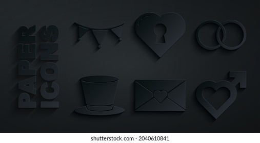 Set Envelope with Valentine heart, Wedding rings, Cylinder hat, Heart male gender, keyhole and Carnival garland flags icon. Vector