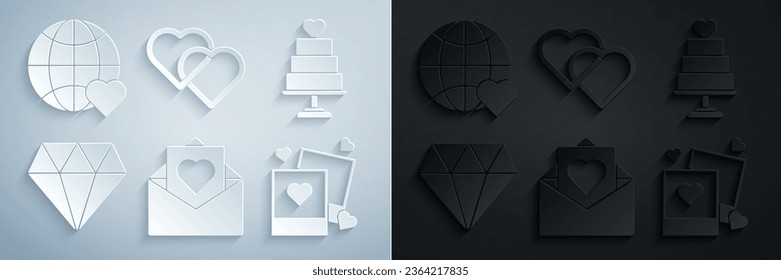 Poner sobre con el corazón de San Valentín, pastel de bodas, Diamante, Dos marcos y corazones de fotos en blanco, Corazones vinculados y el icono del amor del mundo. Vector