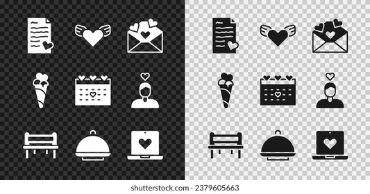 Set Envelope with Valentine heart, Heart wings, Romantic bench, Covered tray, Dating app online, Ice cream waffle cone and Calendar icon. Vector