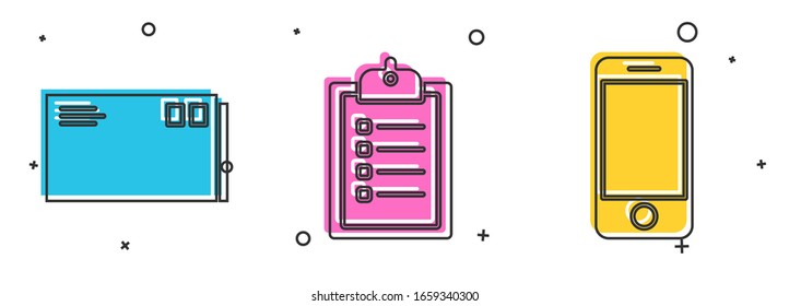 Establecer sobre , Verificación del portapapeles de la lista de entrega y teléfono móvil con el icono de seguimiento de entrega de la aplicación. Vector