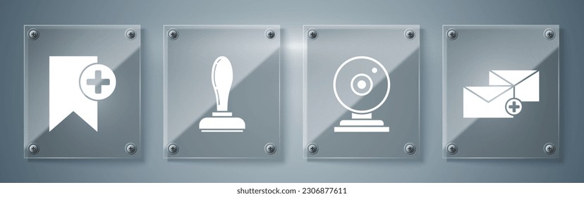 Set Envelope, Web camera, Stamp and Bookmark. Square glass panels. Vector