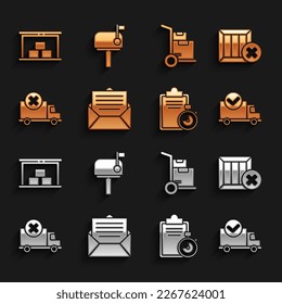 Set Envelope, Wooden box and delete, Delivery truck with check mark, Verification of delivery list clipboard, cargo vehicle, Hand boxes, Warehouse and Mail icon. Vector