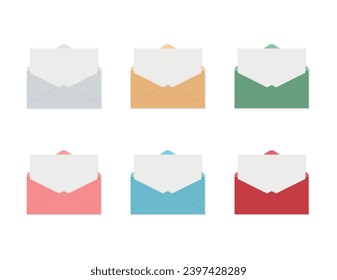 Set of envelopes in different colors. Opened envelope mockup isolated on a white background. Vector stock