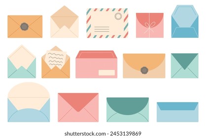 Set of envelopes of different sizes, shapes and colors. Mail, letter or stationery theme. Vector illustration in flat style on white background.