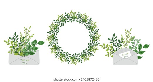 Un conjunto con sobres y marco floral sobre un fondo blanco. Diseño de ilustración plana.