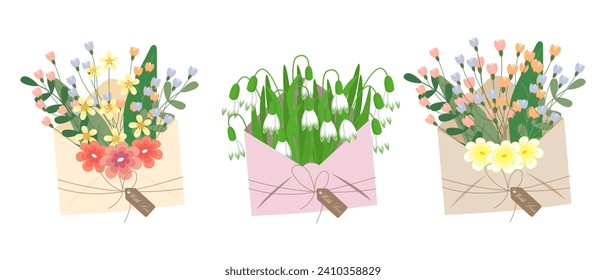 Set of envelopes with flowers, gift icons. Spring illustration, greeting icons, vector