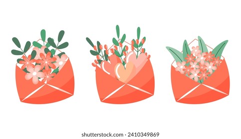 Set of envelopes with flowers and hearts, gift icons. Spring illustration, greeting icons, vector