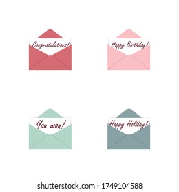 A Set Of Envelopes With Greetings. Happy Birthday! Happy Holidays! You Won! Congratulations! Isolated On A White Background. You Can Use It For A Banner, Flyer, Invitation, Website, Or Greeting Card.