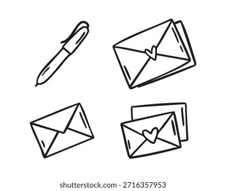 Conjunto de sobres con corazones y pluma, dibujado a mano doodle, línea de arte, monocromo, dibujado a mano. Ilustración vectorial.