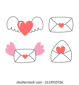 Set of envelopes and hearts for Valentine's Day. Cartoon contour love stickers with flying envelope and heart, open envelope. Vector illustration in a flat style. 