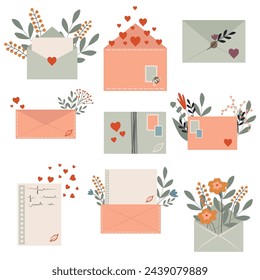A set of envelopes for the holidays. Spring flowers and letters. Congratulation