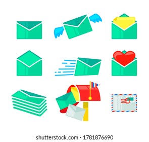 Set Envelopes Icons, Closed and Open Paper Covers, Festive Letter Package with Wings for Business Documents and Love Messages, Mail and Email Isolated on White Background. Cartoon Vector Illustration