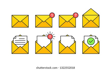 Set of envelopes icons with a picture of a closed letter. Paper document enclosed in an envelope. Delivery of correspondence or office documents. Vector illustration