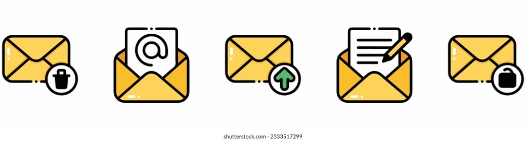 Set of envelopes icons with a picture of a closed letter. Paper document enclosed in an envelope. Delivery of correspondence or office documents. Vector illustration.