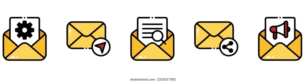 Set of envelopes icons with a picture of a closed letter. Paper document enclosed in an envelope. Delivery of correspondence or office documents. Vector illustration.