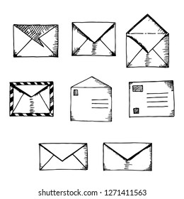 Set of envelopes. Isolated objects on a white background. Vector cartoon illustrations. Hand-drawn style.
