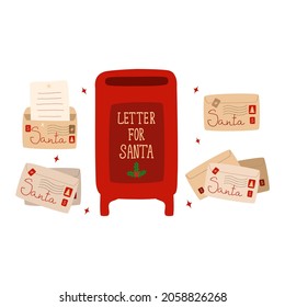 A set of envelopes with a letter to Santa Claus. Red mailbox. Christmas mail. Set of santa mail elements. Cartoon vector illustration.

