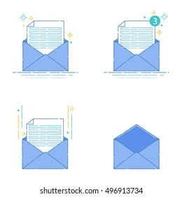 Set of envelopes and letters on white background. Correspondence, personal communication, email and spam concept design. Mail icons made in linear style. Vector illustration.