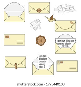 Set of envelopes, letters, written, torn and crumpled. Sheets of paper with space for your text.