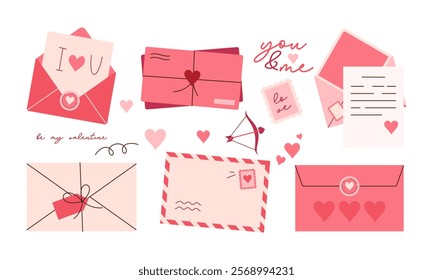 Set of Envelopes and Love Letter Stickers. Romantic Open and Closed Envelopes with Various Elements for Wedding and Valentine Day Decoration Flat Hand Drawn Illustration