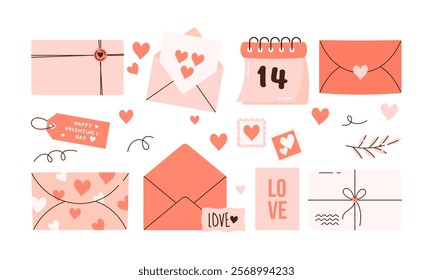 Set of Envelopes and Love Letter Stickers. Romantic Open and Closed Envelopes with Various Elements for Wedding and Valentine Day Decoration Flat Hand Drawn Illustration