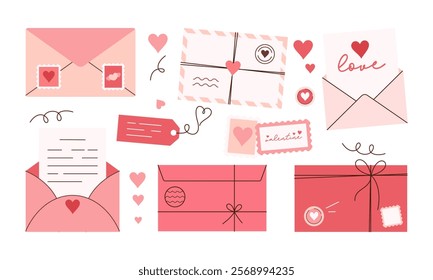 Set of Envelopes and Love Letter Stickers. Romantic Open and Closed Envelopes with Various Elements for Wedding and Valentine Day Decoration Flat Hand Drawn Illustration