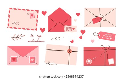 Set of Envelopes and Love Letter Stickers. Romantic Open and Closed Envelopes with Various Elements for Wedding and Valentine Day Decoration Flat Hand Drawn Illustration